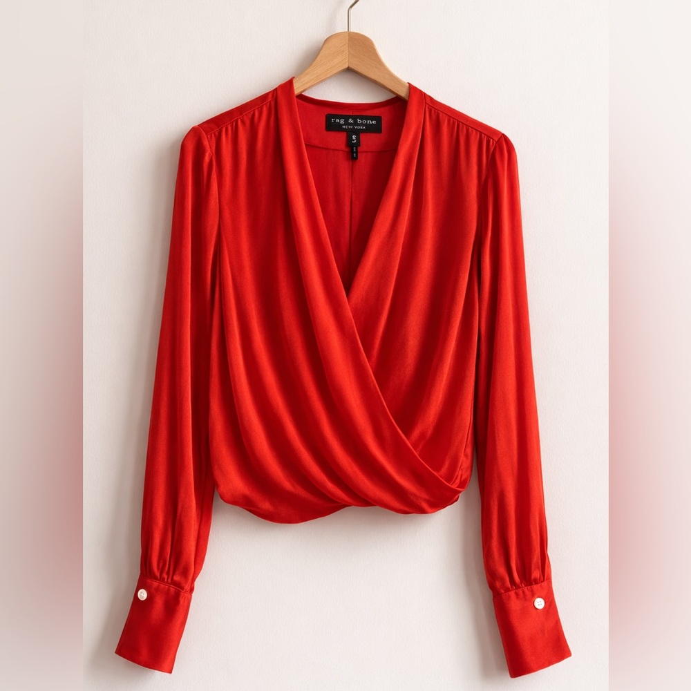 rag & bone Victor Red Silk Wrap Blouse Size S Career Statement Top